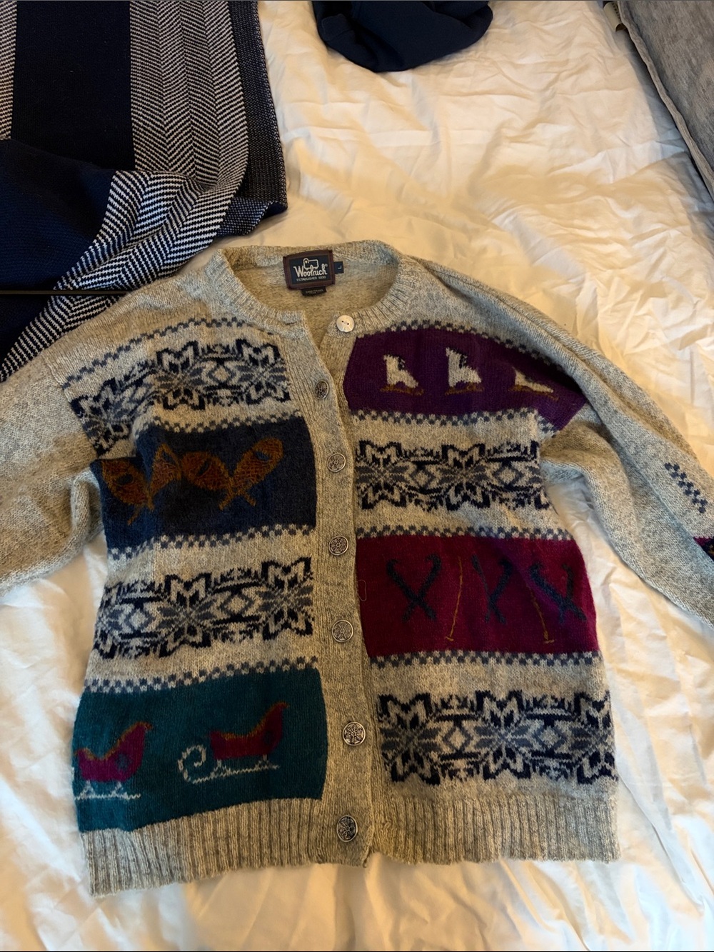 Woolrich Men’s Gray Wool Fair Isle Cardigan with Teal and Burgundy Panels